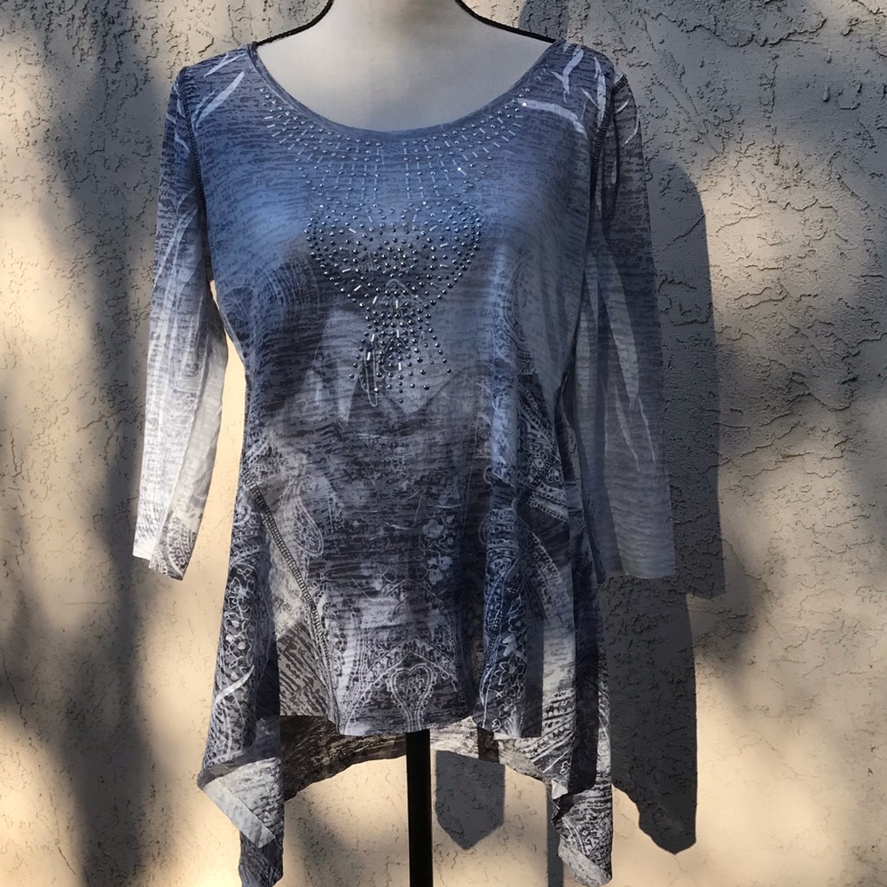 One World Embellished Boho Top, 3/4 sleeve Sz M